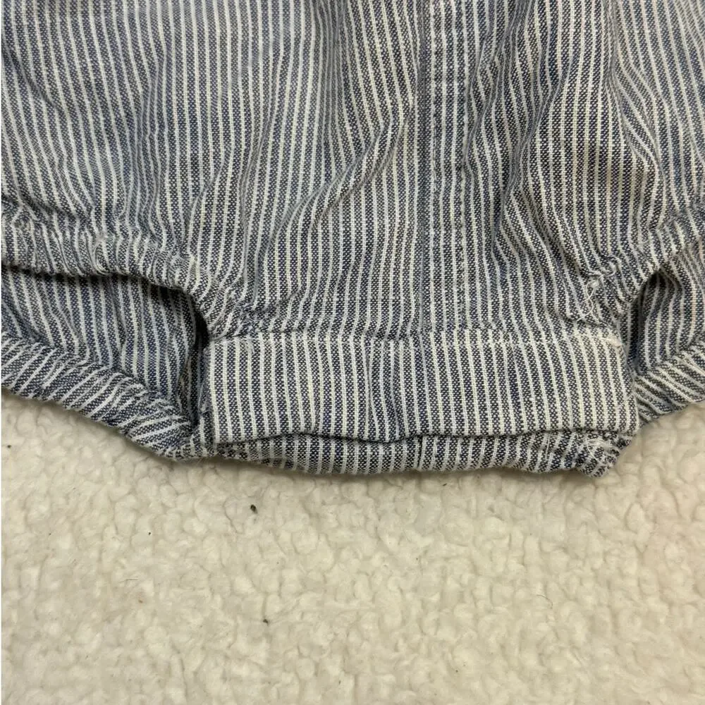 OshKosh Girl Denim Bubble Romper Shortalls Engineer Stripe Ruffle 12-18 Months
